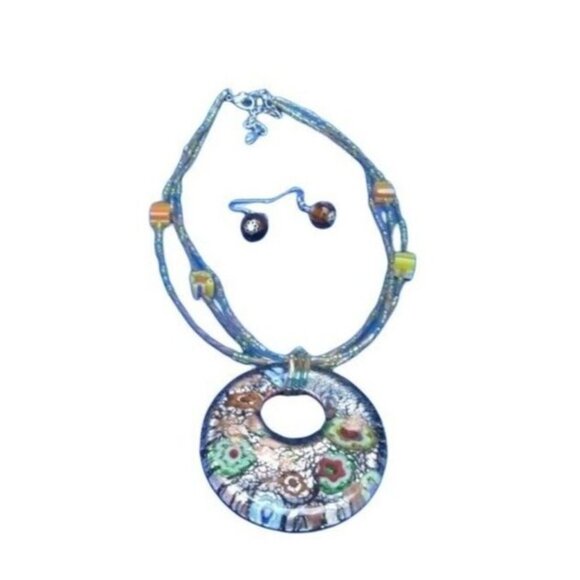 Vtg Handmade Beaded Millefiori Necklace Large Floral Glass Pendant Earrings Set - Picture 2 of 3